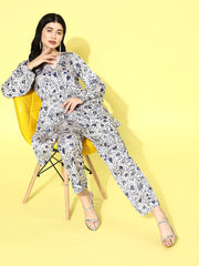 Women White Floral Printed Top Paired With Tonal  Printed Bottom