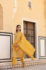 Women Yellow V Neck Thread Embroidered Kurta Paired With Printed Bottom And Dupatta