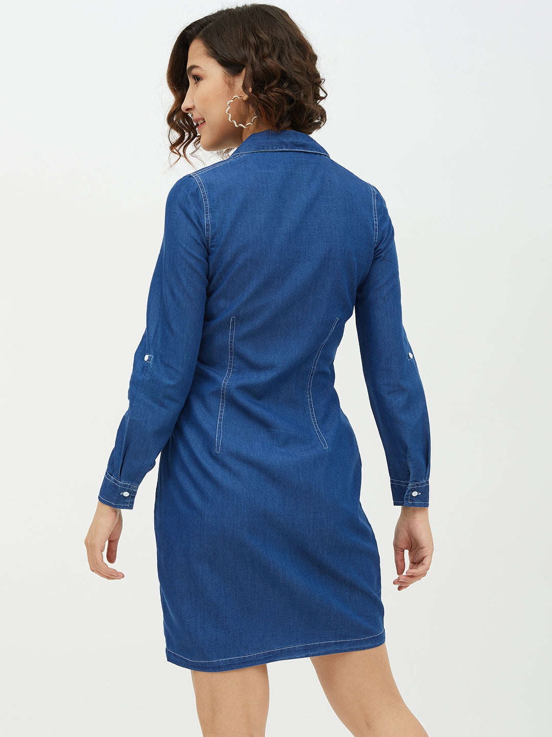 StyleStone Women's Denim Lapel Collar Shirt Dress