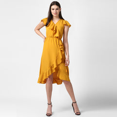 Women's Yellow Front Ruffle Dress