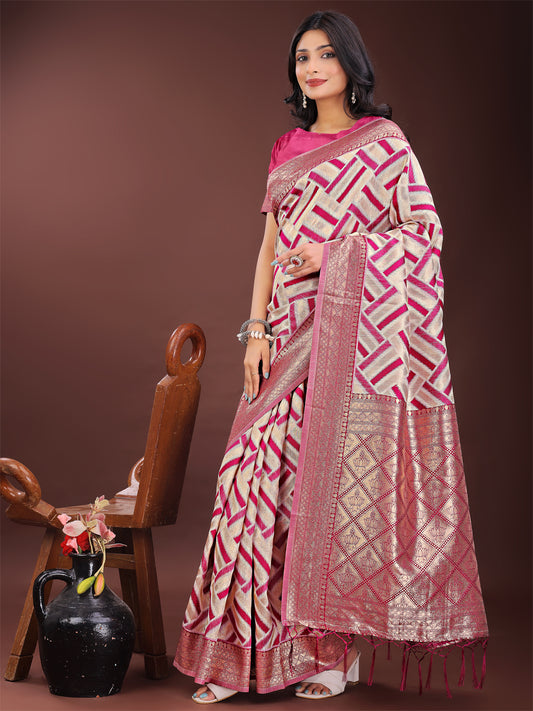 Elegant Pink & Cream Linen Saree with Geometric Design and Zari Border – Festive & Party Wear