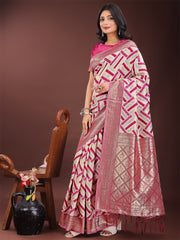 Elegant Pink & Cream Linen Saree with Geometric Design and Zari Border – Festive & Party Wear