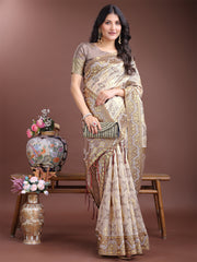 Graceful Beige & Coral Linen Cotton Saree – Lightweight Elegance for Modern Women