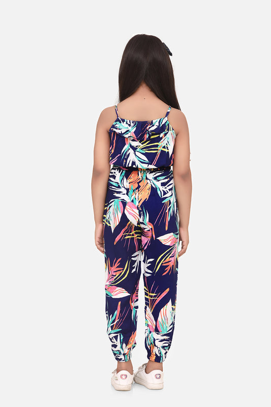 Girls Multi colored Leaf Print Rayon Jumpsuit