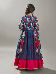 Girls Pink & Terquois Blue Digital Print Ready to Wear Lehenga With Choli