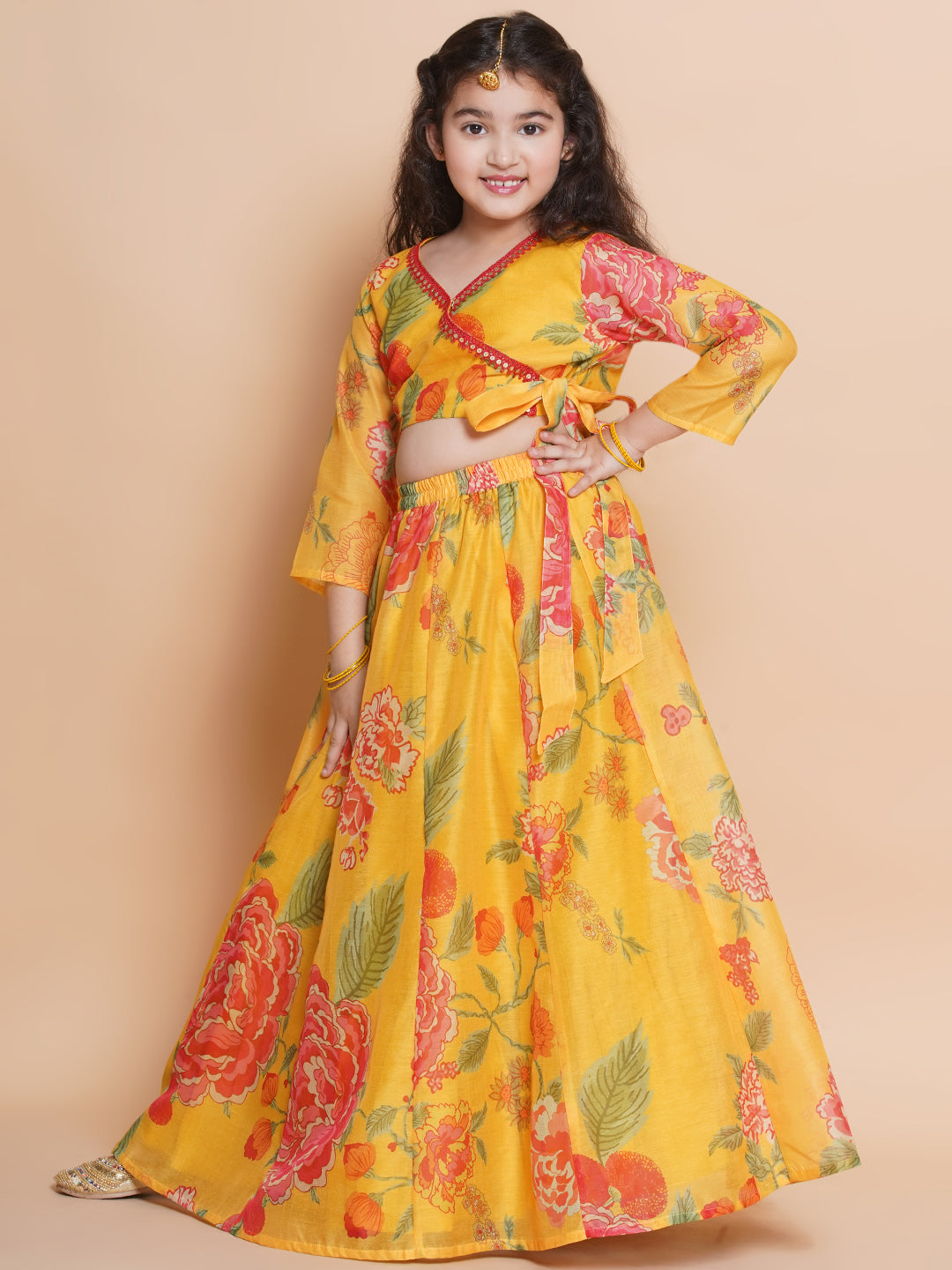 Girls Yellow Printededed Ready to wear Choli & Lehenga