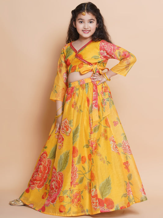 Girls Yellow Printededed Ready to wear Choli & Lehenga