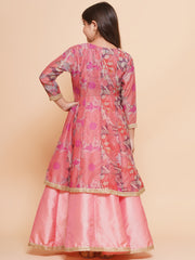 Girls Peach Floral Printed Shrug & Blouse With Ready to Wear Lehenga.
