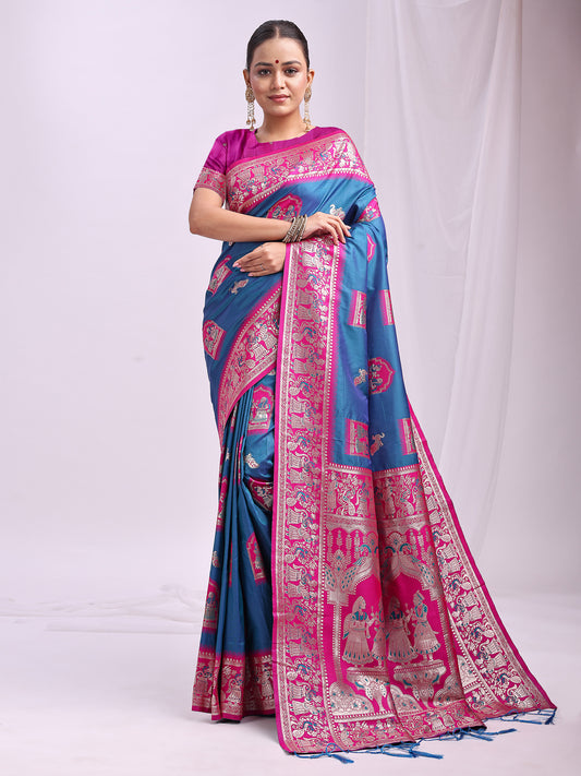 Banarasi Silk Saree with Blue & Rani Pink Zari Work – Wedding & Festive Traditional Saree | Temple Border & Royal Motifs | Soft & Shiny Silk Finish
