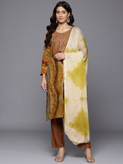 Women Multi Colour Round Neck Embroidered Yoke Printed Kurta Paired With Printed Bottom & Tie-Dye Dupatta