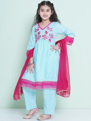 Girls Blue Embroidered Alia Design Kurta With Trousers With dupatta