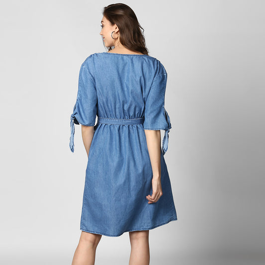 Women's Blue Denim Tie Sleeve Dress