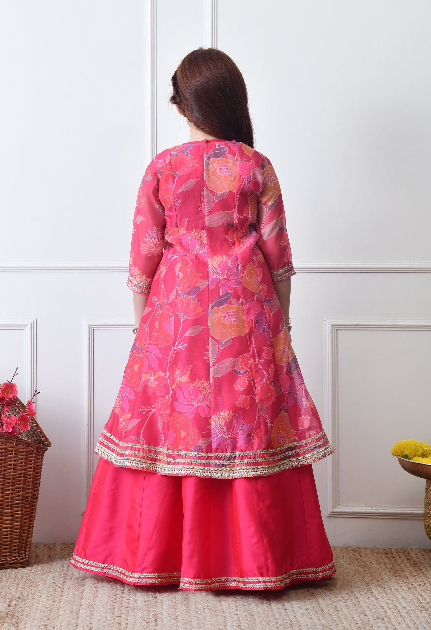 Girls Festive Pink Lehenga Choli with Printed Jacket Set