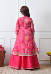 Girls Festive Pink Lehenga Choli with Printed Jacket Set