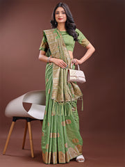 Teal Blue Linen Cotton Saree with Woven Geometric Zari Motifs – Elegant Festive Wear for Women