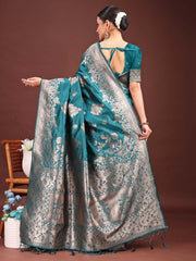 Emerald Banarasi Silk Saree with Zari Floral Work - Elegance Woven in Every Thread