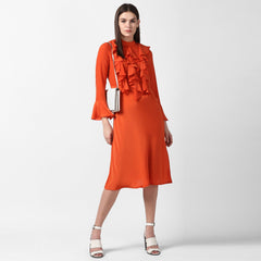 Women's Yellow Front Ruffle Bell Sleeve Dress
