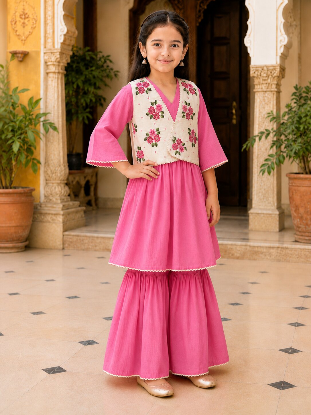 Girls Pink Embroidered Jacket Style Kurta Set