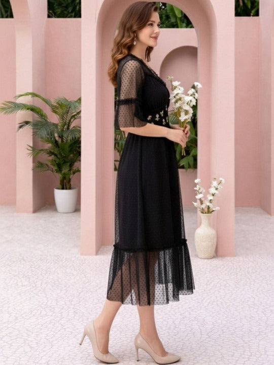 Flared Sleeve Fit & Flare Midi Dress