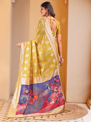 Floral Linen Cotton Saree with Zari Border & Digital Printed Pallu - Elegant Sari for Festive Occasions
