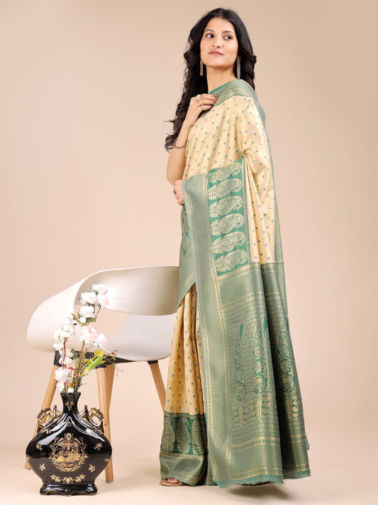 Graceful Cream and Green Silk Saree – Traditional Elegance with Royal Charm