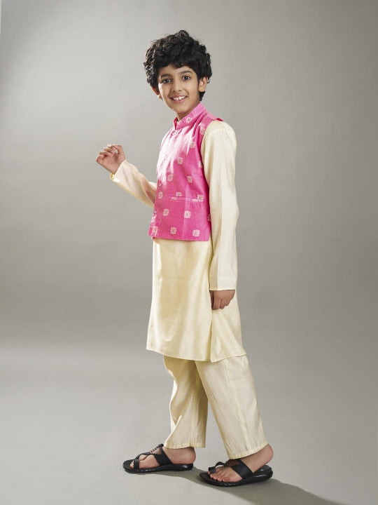 Boys off white kurta pajama with pink jacquard booti Jacket