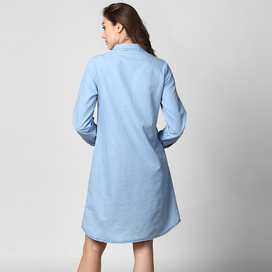 StyleStone Women's Light Blue Denim Double Pocket Double Flap Dress