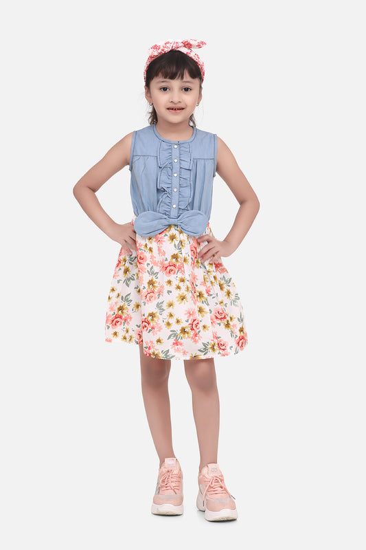 Girls Denim Dress with Floral Skirt