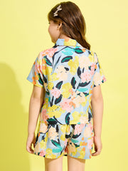 Girls Blue & Multi Colored Floral Printed Shirt & Skort Set