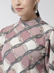 Women's Polyester Lavender Belt Print Manderin Collar Dress with belt
