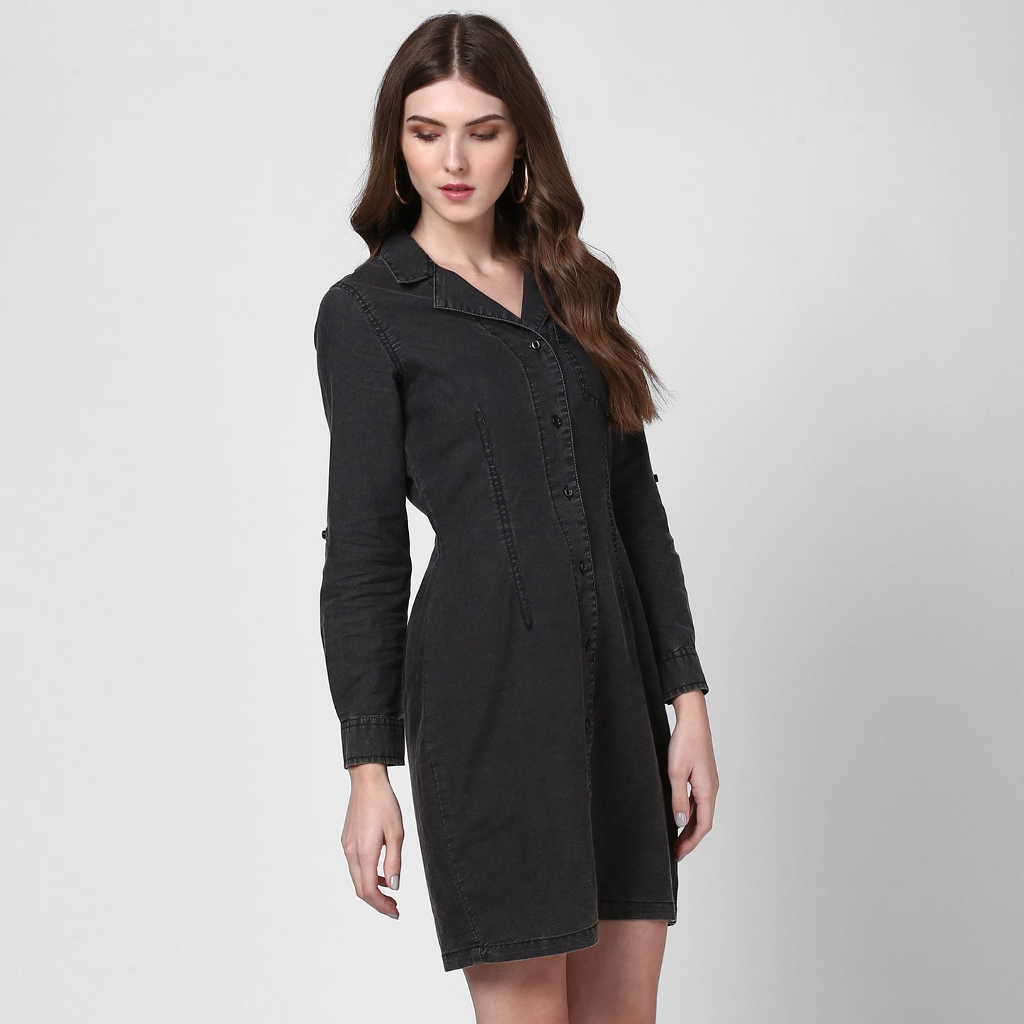 StyleStone Women's Black Denim Lapel Style Shirt Dress
