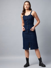 Women's Navy Denim Lycra Fitted Dress