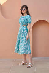 Turquoise Ikat Side Cut Cotton Dress