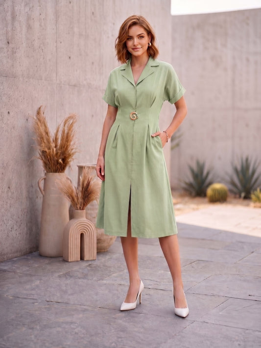 Sea Green Lapel Collar Embellished Dress-ADR-21220