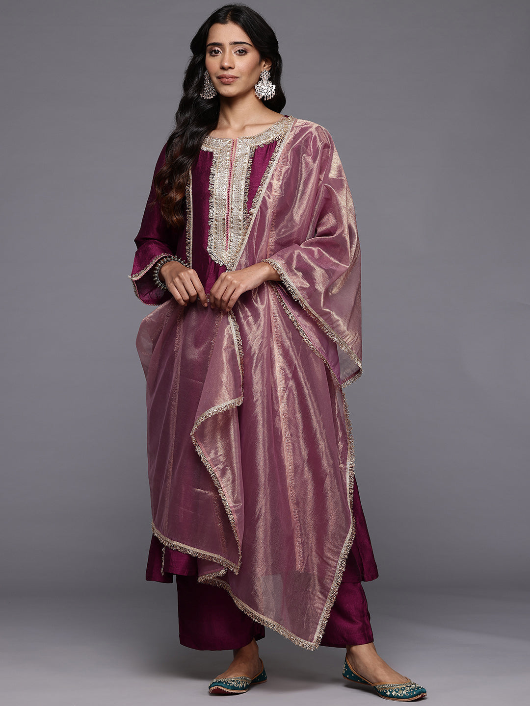 Women Wine Zari Lace Embellished Anarkali Kurta With Trousers And Tissue Dupatta.