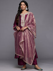 Women Wine Zari Lace Embellished Anarkali Kurta With Trousers And Tissue Dupatta.