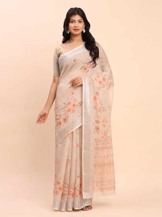 Soft Linen Cotton Saree for Women with Blouse | Elegant Cream Beige Saree with Peach Floral Print & Subtle Zari Border | Lightweight Daily & Festive Wear