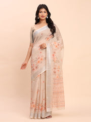 Soft Linen Cotton Saree for Women with Blouse | Elegant Cream Beige Saree with Peach Floral Print & Subtle Zari Border | Lightweight Daily & Festive Wear