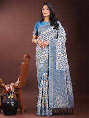 Blue Linen Saree with Rich Woven Zari Work – Elegant Ethnic Saree for Festive & Office Wear