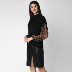 Women's Black top with Animal Print Sleeve