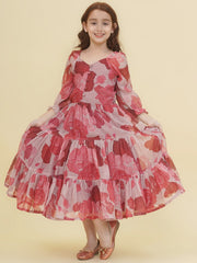 Silk Woven Half Sleeves Floral Print Fit And Flare Ethnic Dress - Maroon