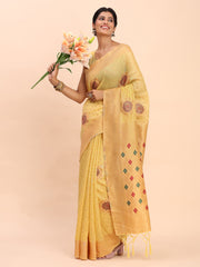 Elegant Linen Cotton Saree with Woven Pallu, Big Butta Work & Tassels - Office & Festive Wear