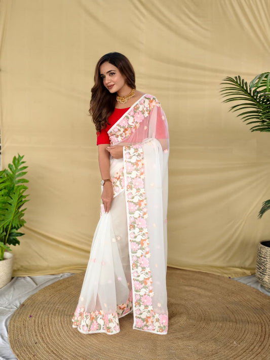 CHIFFON SAREE WITH ALL OVER DESIGNER EMBROIDERY PATTERN ALONGWITH BEAUTIFUL MOTIFS.