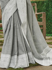 Linen Cotton Saree with Intricate Woven Border & Contrast Pallu | Soft Lightweight Traditional Drape | Tassel Edge | Unstitched Blouse Piece