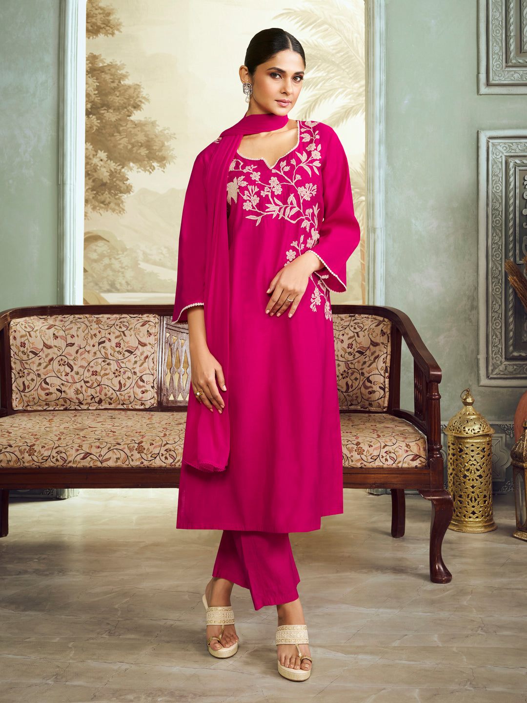 Pink Embroidered Straight Kurta Set With Dupatta.