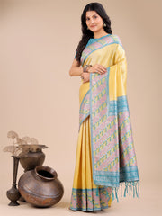 Radiant Sky Blue Silk Saree with Pink & Blue Floral Pattern – Perfect for Weddings & Festive Glamour