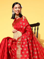 Women's Silk Blend Red WovenDesign CelebritySaree With Blouse Piece