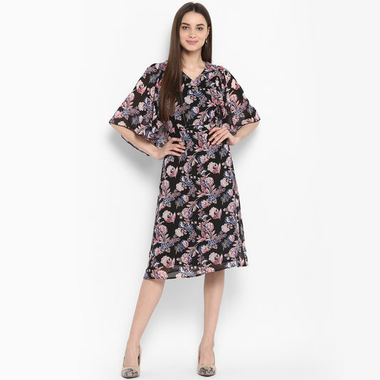 Women's Black Floral Dress with attached Shrug
