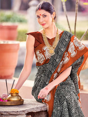 Naari - Women's Bhagalpuri Silk Black Printed Designer Saree With Blouse Piece