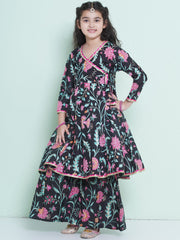 Girls Black Floral Printed Angrakha Kurta with Sharara